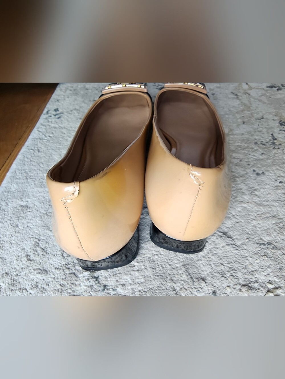Two-Tone Beige and Black Cap-Toe Ballet Flats with Gold Accent - Picture 7 of 16